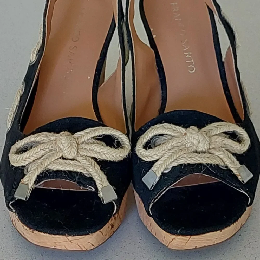 Franco Sarto Black and Cork Rope-Accent Wedge Sandals